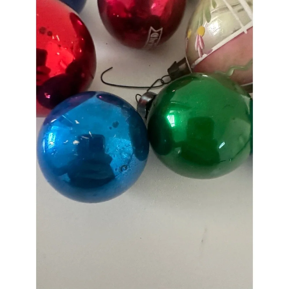 Vtg Poland Pink Flower Shiny Brite USA‎ Glass Ball Christmas Ornament Set 9